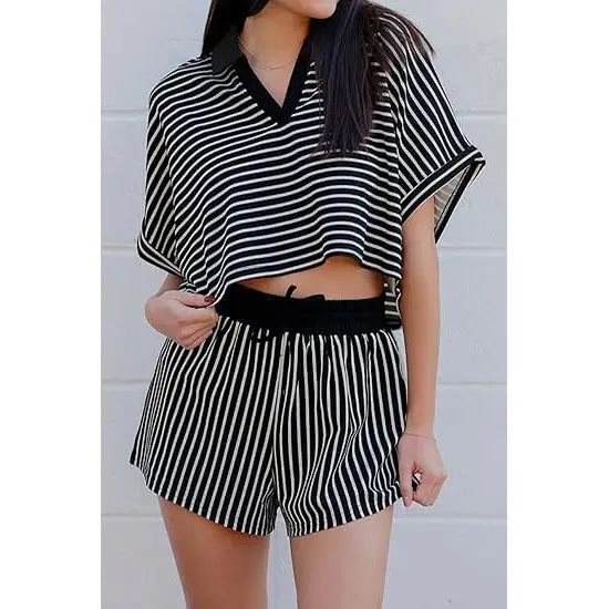 Cicy Bell Womens Striped 2 Piece Short Sets Summer Short Sleeve Collared V Neck Cropped Tops Vacation Casual Lounge Outfits