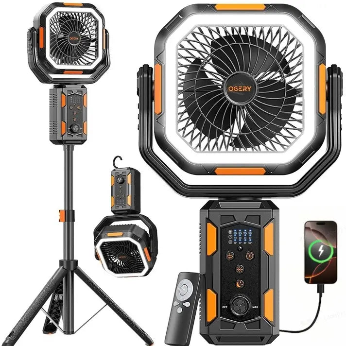 OGERY Camping Fan with Detachable Tripod, 30000mAh Rechargeable Fan with LED Lights & 270° Pivot,4 in 1 Cordless Camping Fan, Remote Control Shaking Head Desk Fan for Camping Tent Travel Bedroom Portable Motor #Summervibes