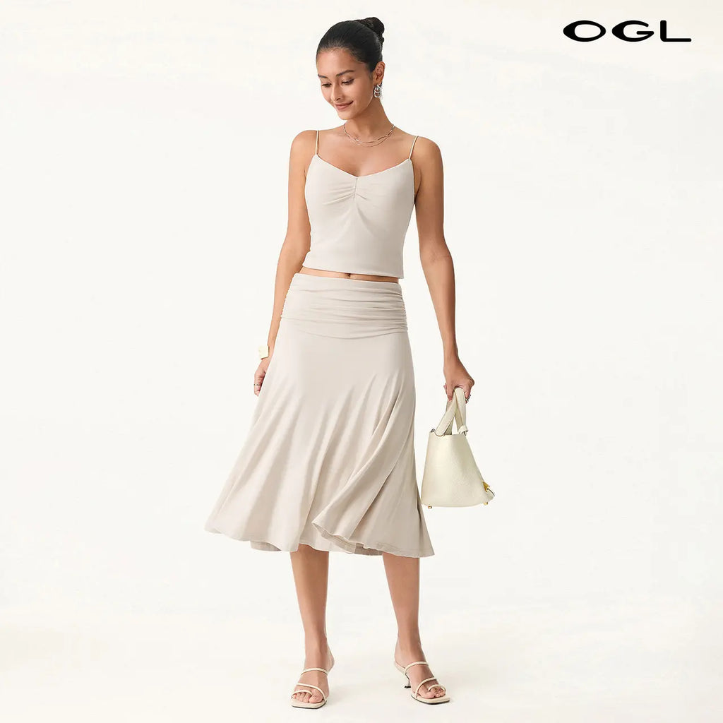 OGL Flowy Side Ruched A-line Midi Skirt - Elegant and Comfortable for Everyday Wear summervibes, Bottom, Basic