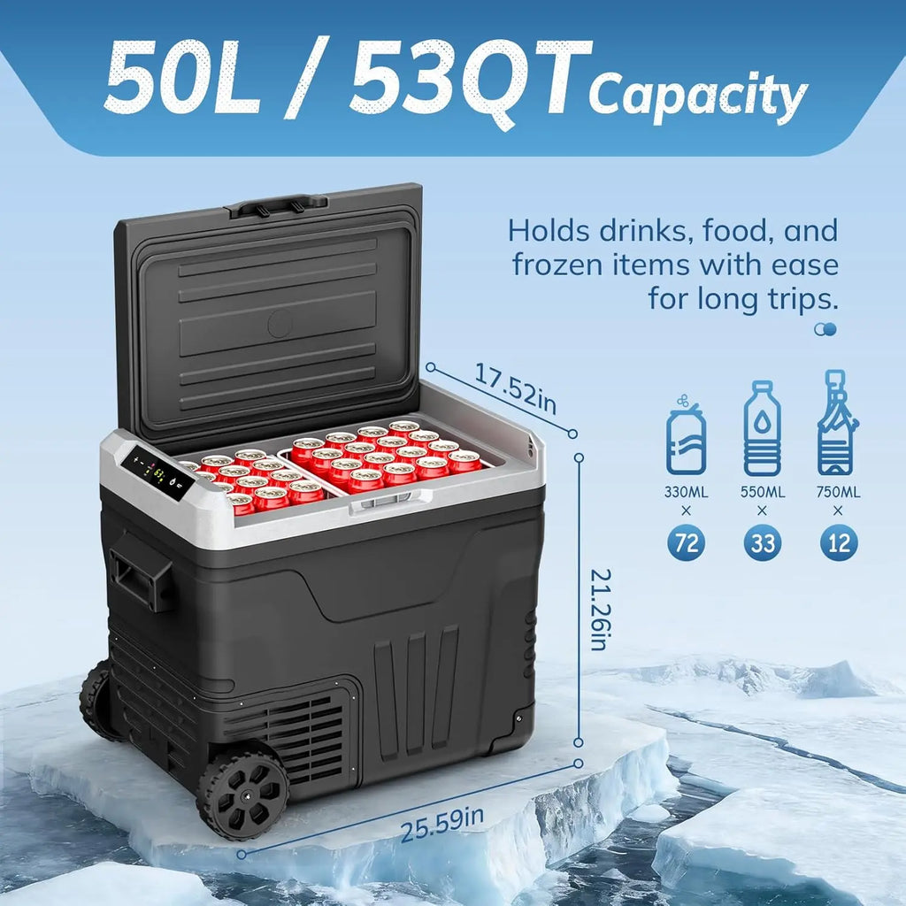 EUHOMY 12V Refrigerator (24/37/53Quart /23L/35L/50L) supports 12V/24V DC & 110-240V AC. Portable with -4°F~68°F range, it features wheels, 2 baskets, and large cooling zone. Ideal for RVs, travel, Truck, Boat