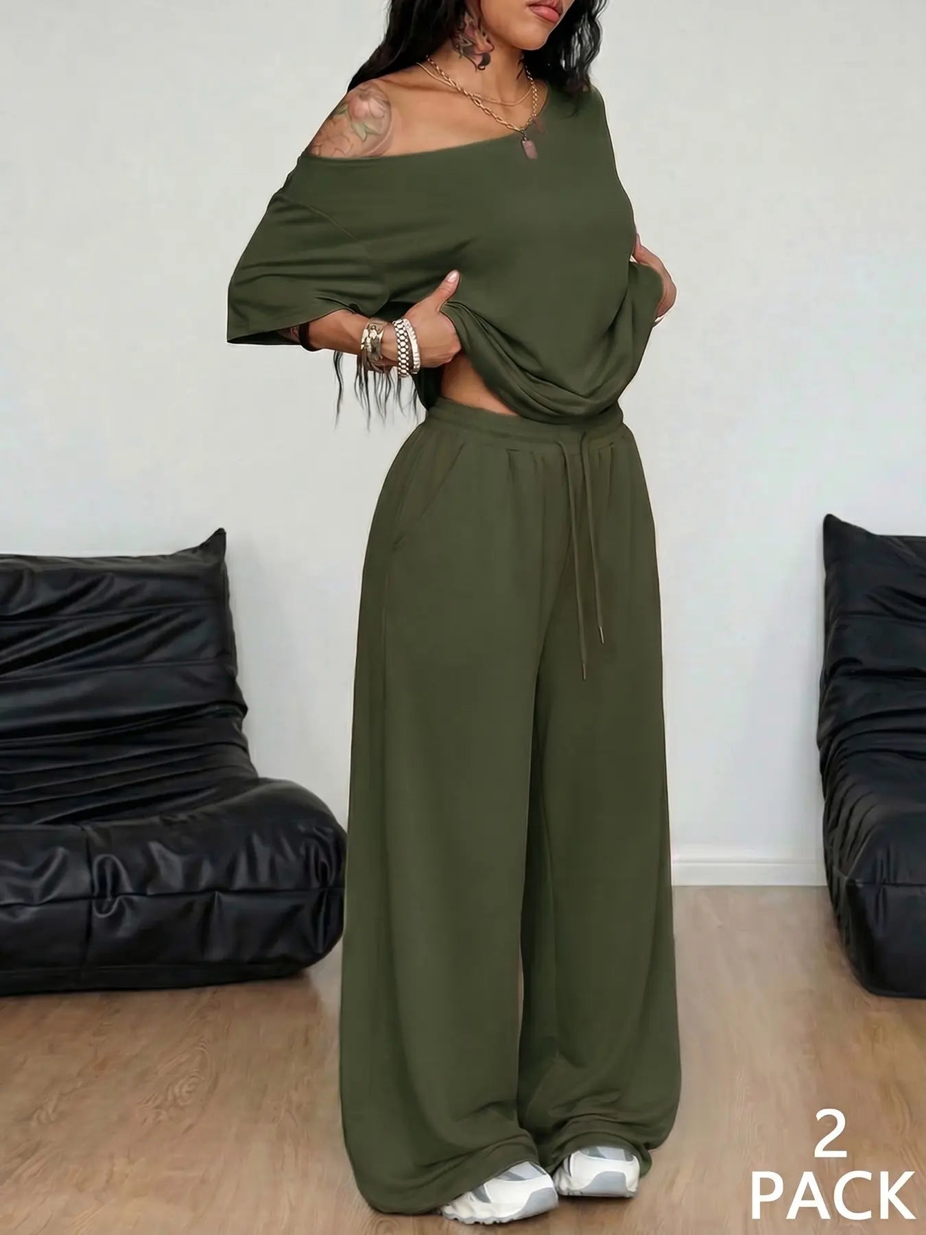2 Pcs/Set Women's Minimalist Basic Daily Wear, Going Out, Sport Comfortable Off Shoulder T-Shirt and Wide Leg Pants Two Pieces Outfits, Womenswear
