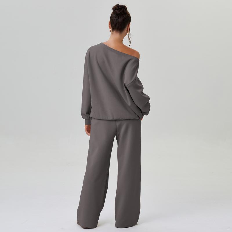 KatchMe Women's Leisure Solid Color Sloping Shoulder Long Sleeve Top & Wide Leg Trousers Co-ord, Cozy Scoop Neck Loose Two Piece Outfits, Basic Womenswear
