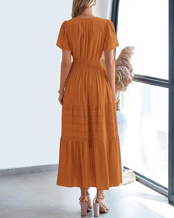BTFBM Women's Summer 2026 Casual Maxi Dress Lightweight Short Sleeve V Neck Boho Dress with Pockets