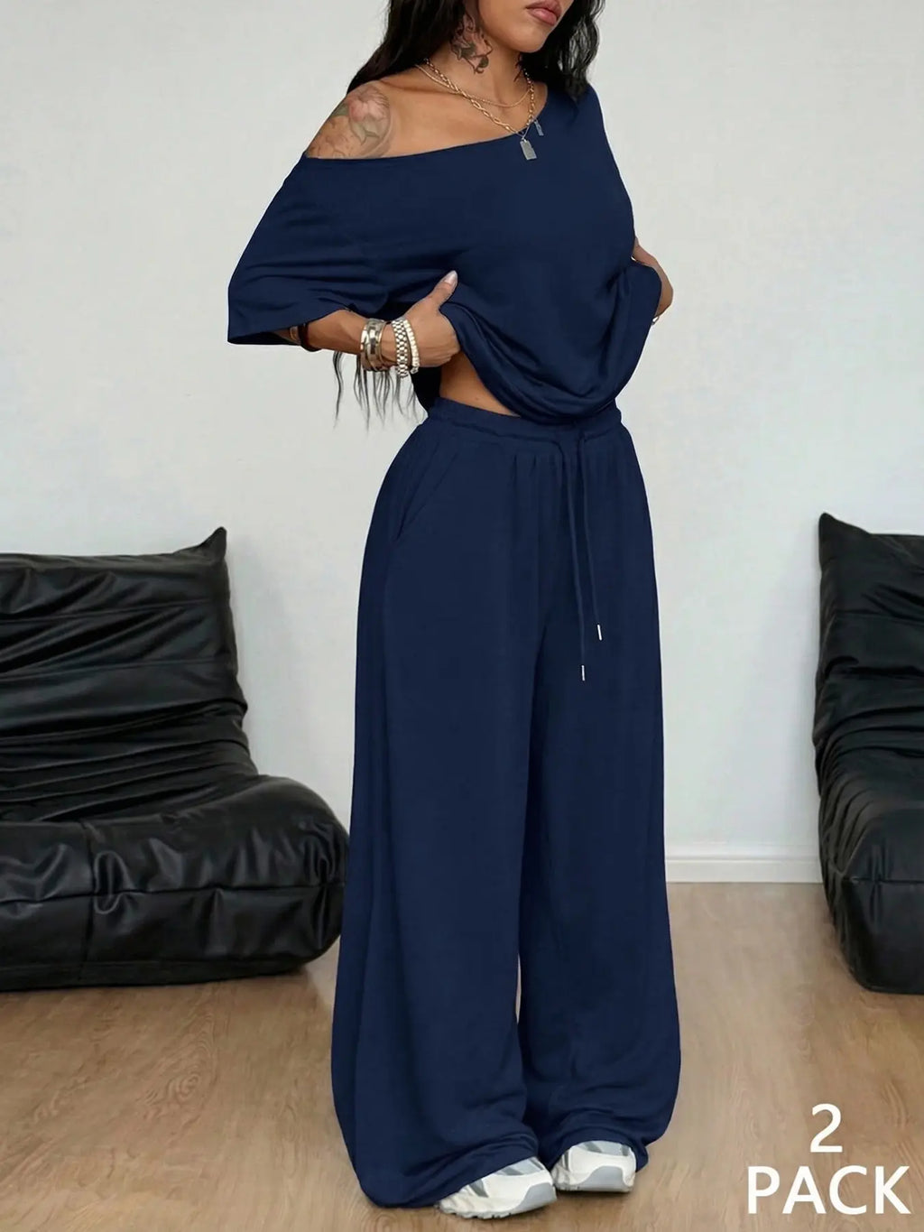 2 Pcs/Set Women's Minimalist Basic Daily Wear, Going Out, Sport Comfortable Off Shoulder T-Shirt and Wide Leg Pants Two Pieces Outfits, Womenswear
