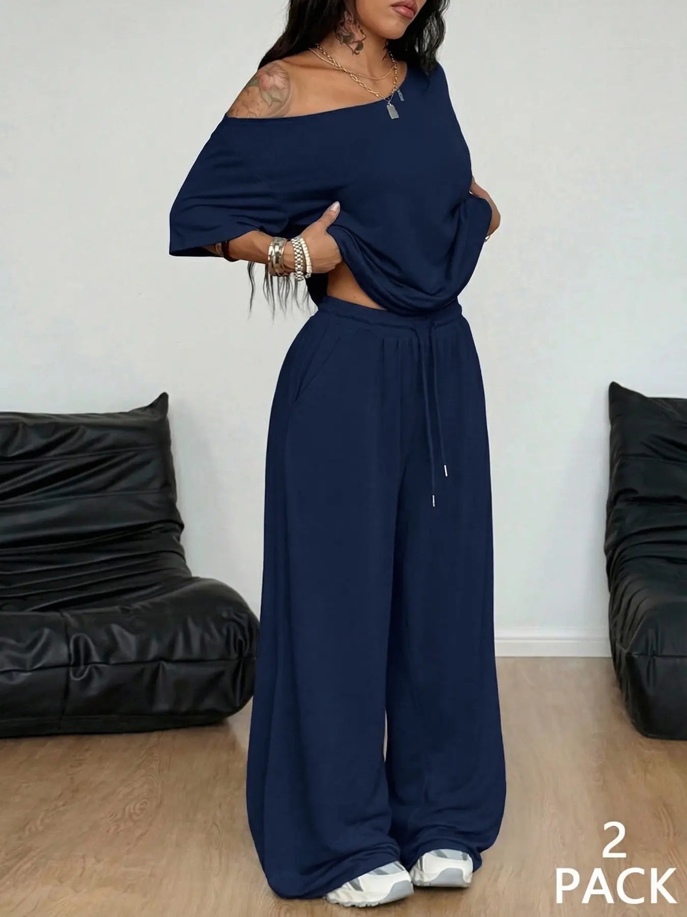2 Pcs/Set Women's Minimalist Basic Daily Wear, Going Out, Sport Comfortable Off Shoulder T-Shirt and Wide Leg Pants Two Pieces Outfits, Womenswear