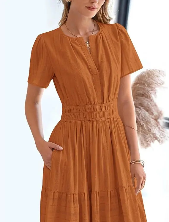 BTFBM Women's Summer 2026 Casual Maxi Dress Lightweight Short Sleeve V Neck Boho Dress with Pockets