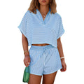 Cicy Bell Womens Striped 2 Piece Short Sets Summer Short Sleeve Collared V Neck Cropped Tops Vacation Casual Lounge Outfits