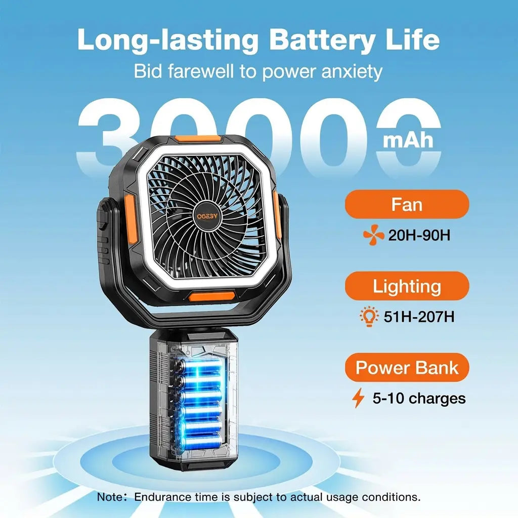 OGERY Camping Fan with Detachable Tripod, 30000mAh Rechargeable Fan with LED Lights & 270° Pivot,4 in 1 Cordless Camping Fan, Remote Control Shaking Head Desk Fan for Camping Tent Travel Bedroom Portable Motor #Summervibes