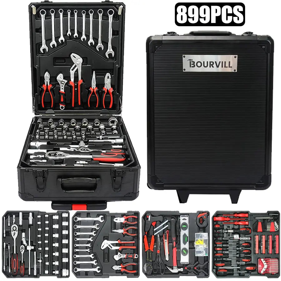 Bourvill 899-Piece Tool Set - High-Capacity Portable Metal Tool Case,Wheeled Mobile Tool Cabinet, and 4-Tier Aluminum Alloy Storage Unit- A Complete Kit for Mechanical Repair & Home Maintenance - ThePerfect Father's Day Gift #fathersdaygift