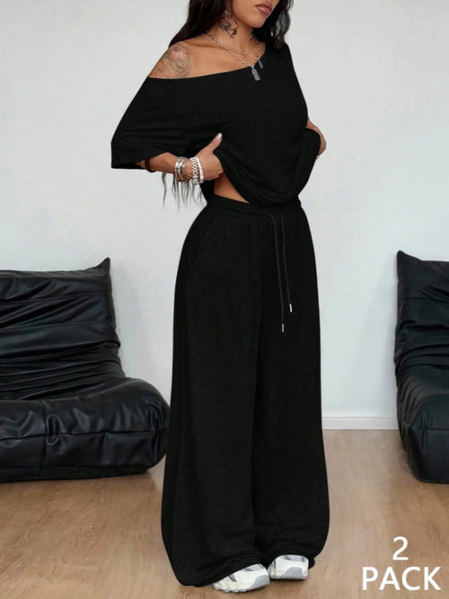 2 Pcs/Set Women's Minimalist Basic Daily Wear, Going Out, Sport Comfortable Off Shoulder T-Shirt and Wide Leg Pants Two Pieces Outfits, Womenswear