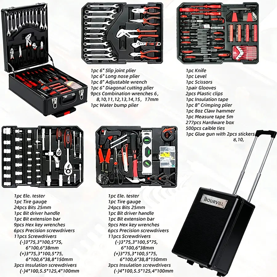 Bourvill 899-Piece Tool Set - High-Capacity Portable Metal Tool Case,Wheeled Mobile Tool Cabinet, and 4-Tier Aluminum Alloy Storage Unit- A Complete Kit for Mechanical Repair & Home Maintenance - ThePerfect Father's Day Gift #fathersdaygift