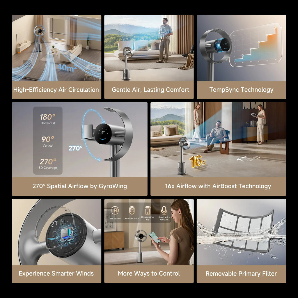 【Super Brand Day】DREAME MF10 Bladeless Tower Fan for Bedroom, Smart Standing Fan with 270° Spatial Airflow for Whole-Room Circulation, 59ft/s High Velocity, 10 Speeds 3 Modes, Temperature-Adaptive Airflow, MF10-Beige