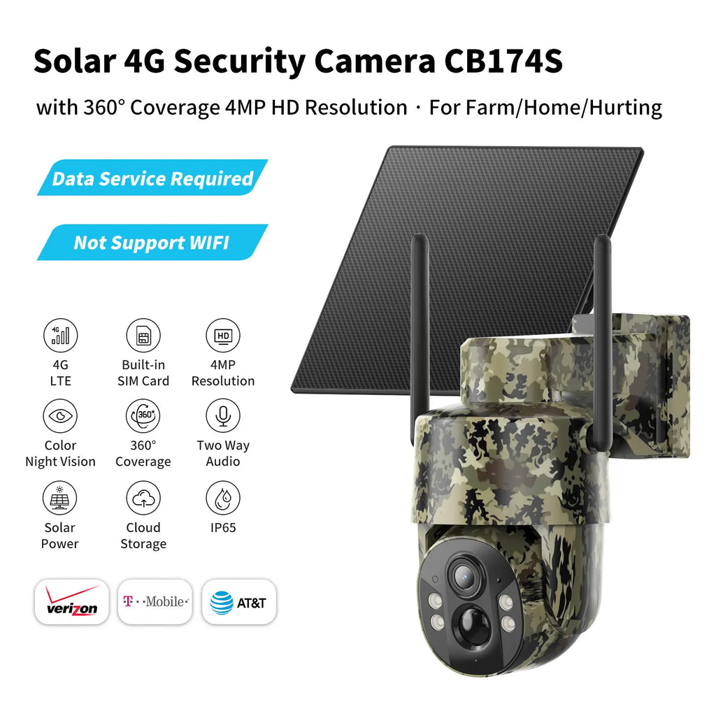[Summervibes] Solar Powered 4G Security Camera CB174S, 4MP HD Color Night Vision, No WiFi Outdoor Camera for Farm/Home with IP65 Waterproof, Data Service Supported summerwins