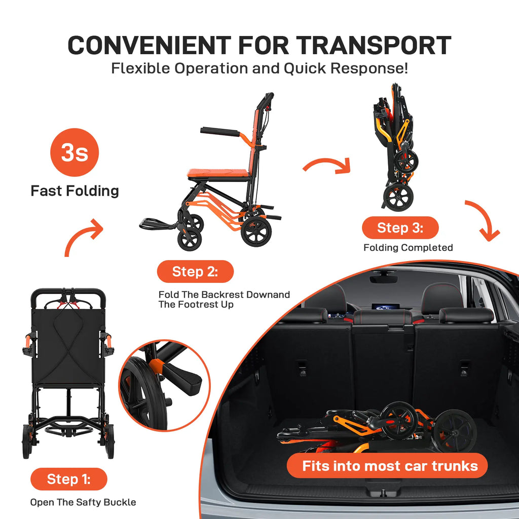 Lightweight Folding Transport Wheelchair for Adults & Seniors