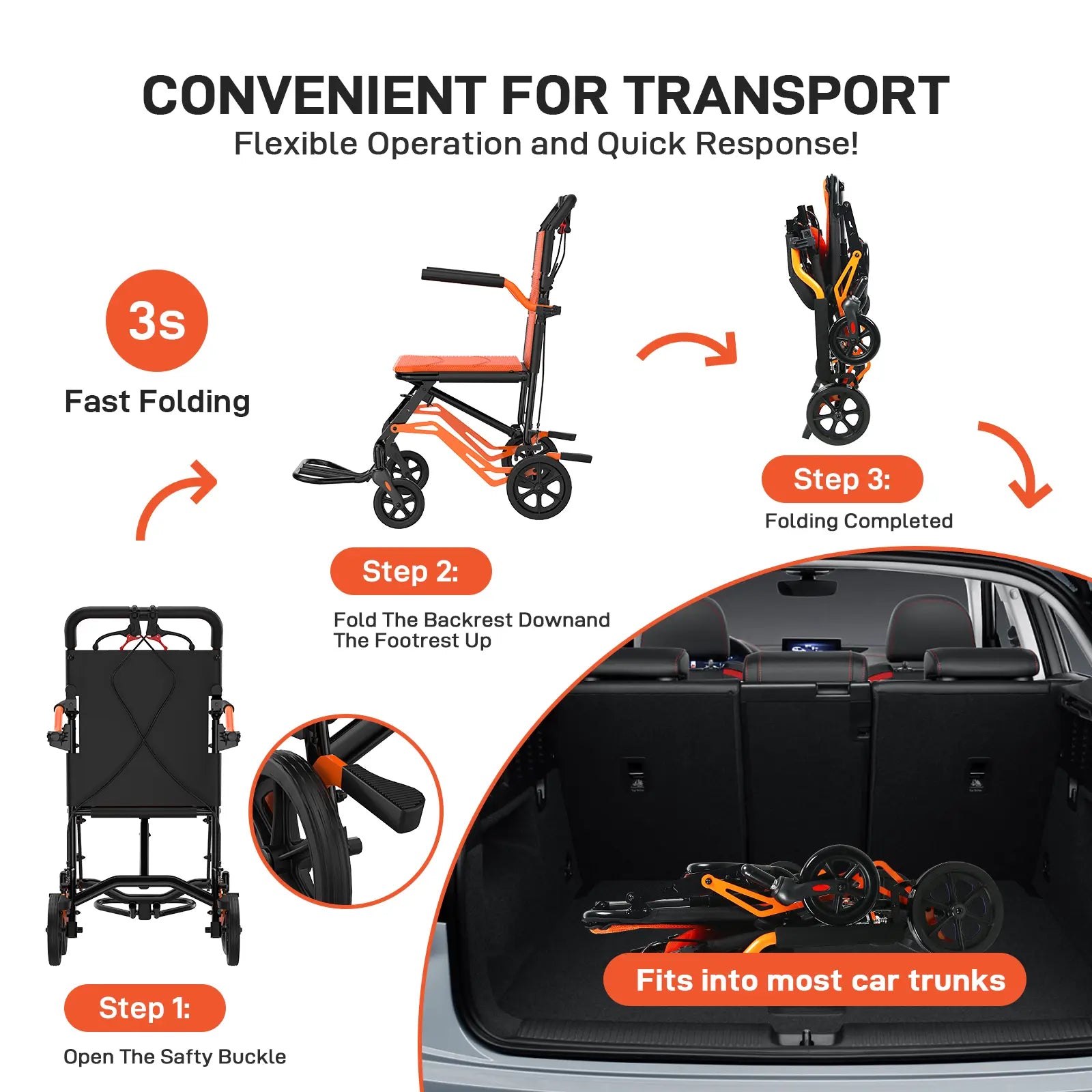 Lightweight Folding Transport Wheelchair for Adults & Seniors