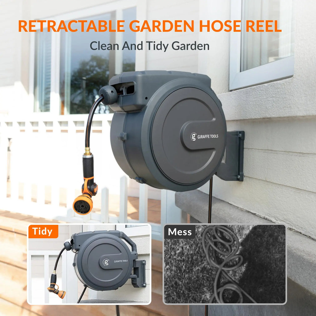 Father's Day Gift | Giraffe Tools 78ft-130ft 330LB Metal Bracket Retractable Garden 5/8in 1/2in Hose Reels for Outside, Wall Mounted Water Hose Reel with 180° Swivel, Any Length Lock, 9 Pattern Hose Nozzle, 2 years warranty, Stock up sale, summervibes