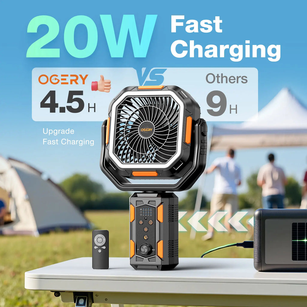 OGERY Camping Fan with Detachable Tripod, 30000mAh Rechargeable Fan with LED Lights & 270° Pivot,4 in 1 Cordless Camping Fan, Remote Control Shaking Head Desk Fan for Camping Tent Travel Bedroom Portable Motor #Summervibes