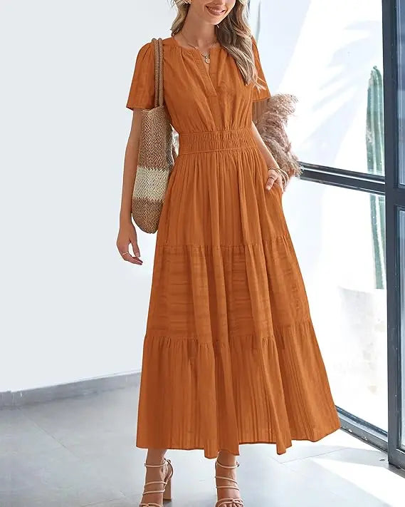 BTFBM Women's Summer 2026 Casual Maxi Dress Lightweight Short Sleeve V Neck Boho Dress with Pockets