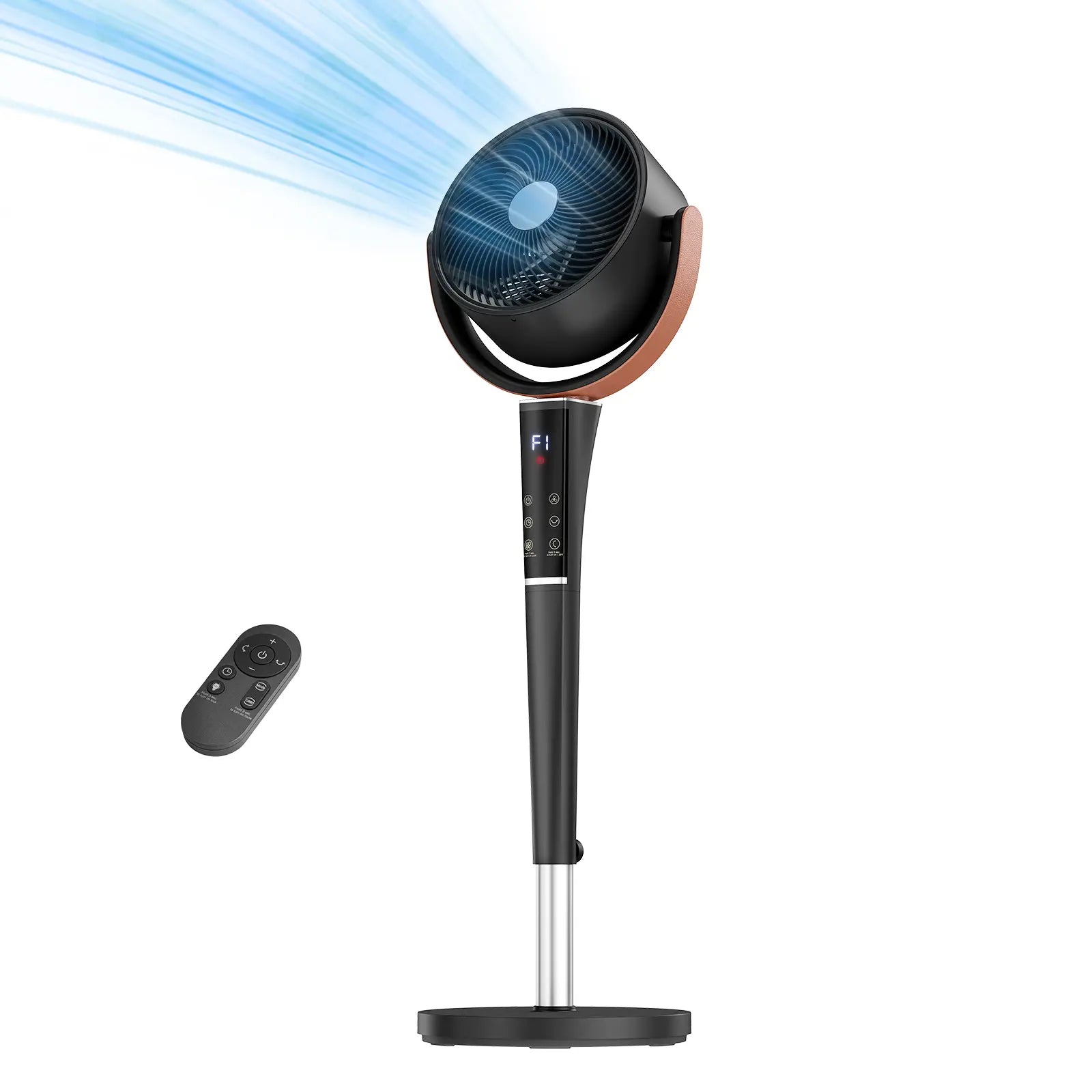 Bedroom Pedestal Fan, Quiet 20dB DC Air Circulator, 15 Speeds 5 Modes, 120° Oscillation, 12H Timer, 1050CFM Airflow, 37-45" Adjustable Height, LED Light, Standing Fan with Remote