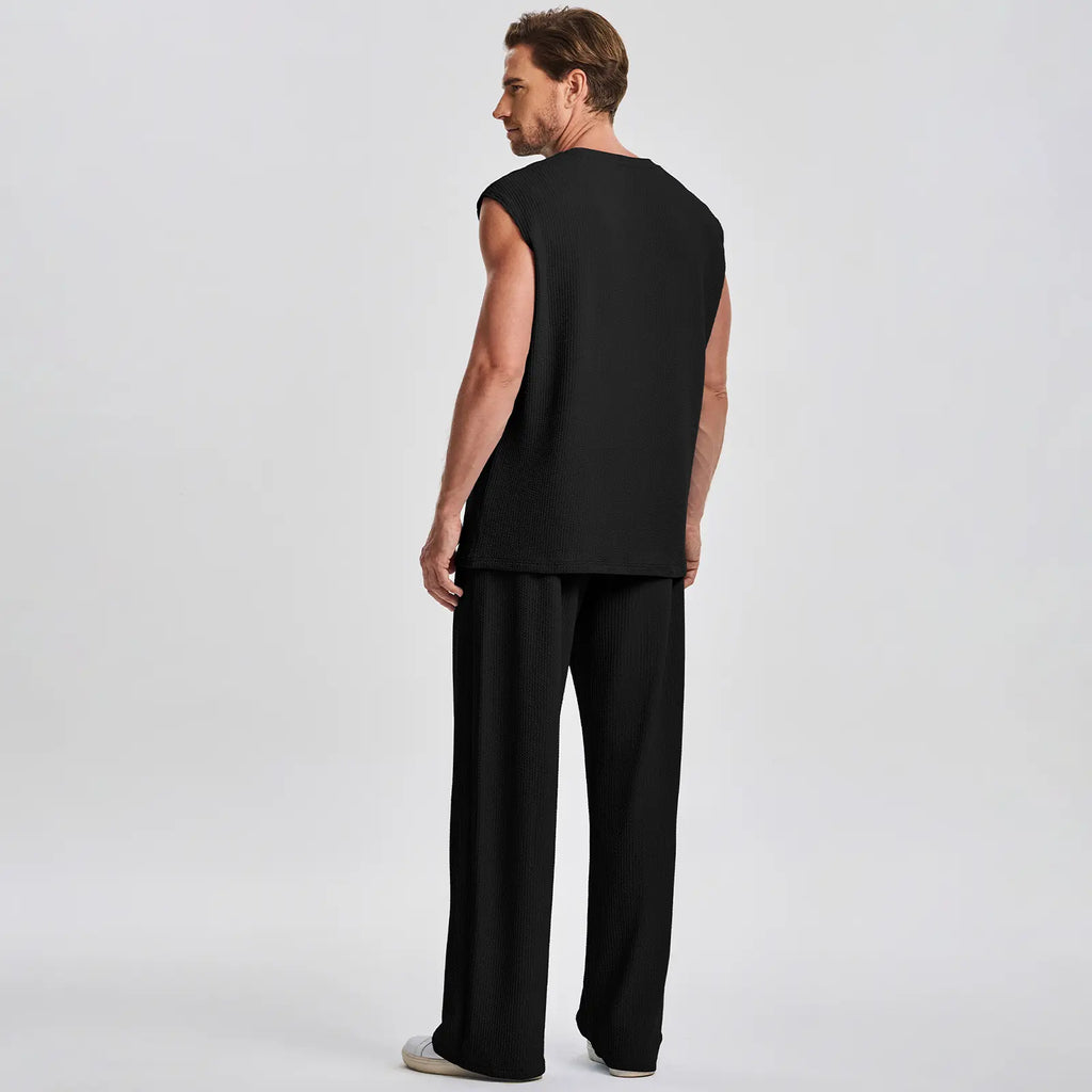 JMIERR Mens 2 Piece Rib Knit Sweatsuit Summer Sleeveless Tank Top Baggy Wide Leg Pants Set Vacation Beach Outfit for Men