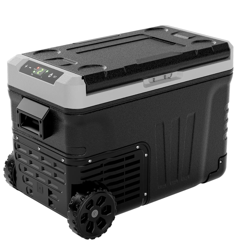 EUHOMY 12V Refrigerator (24/37/53Quart /23L/35L/50L) supports 12V/24V DC & 110-240V AC. Portable with -4°F~68°F range, it features wheels, 2 baskets, and large cooling zone. Ideal for RVs, travel, Truck, Boat