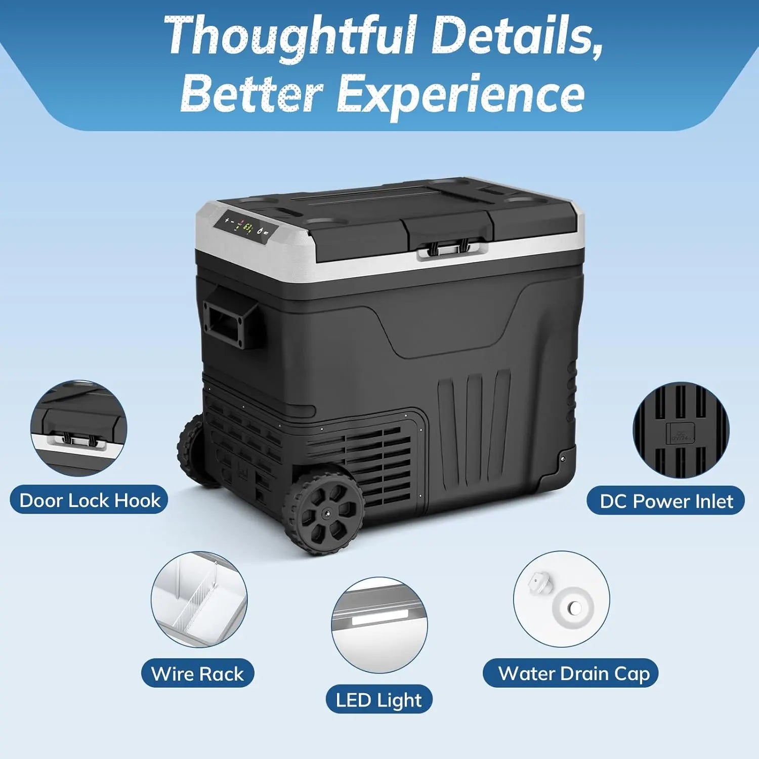 EUHOMY 12V Refrigerator (24/37/53Quart /23L/35L/50L) supports 12V/24V DC & 110-240V AC. Portable with -4°F~68°F range, it features wheels, 2 baskets, and large cooling zone. Ideal for RVs, travel, Truck, Boat