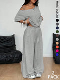 2 Pcs/Set Women's Minimalist Basic Daily Wear, Going Out, Sport Comfortable Off Shoulder T-Shirt and Wide Leg Pants Two Pieces Outfits, Womenswear