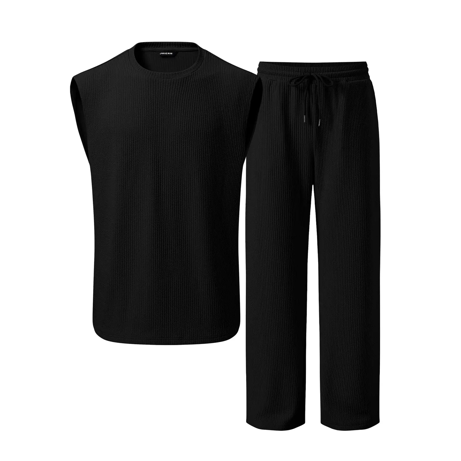 JMIERR Mens 2 Piece Rib Knit Sweatsuit Summer Sleeveless Tank Top Baggy Wide Leg Pants Set Vacation Beach Outfit for Men