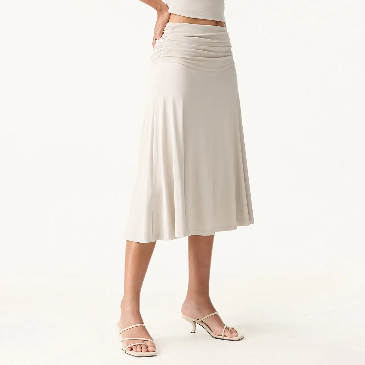 OGL Flowy Side Ruched A-line Midi Skirt - Elegant and Comfortable for Everyday Wear summervibes, Bottom, Basic